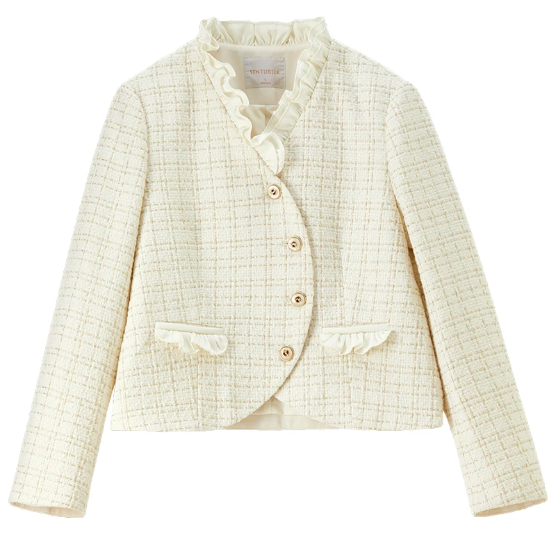 SENTUBILA, abrigo corto para mujer, otoño 2025, solapa con cuello en V, manga larga, ligero, ropa de oficina para ir al trabajo, Top de moda Q53WA3435