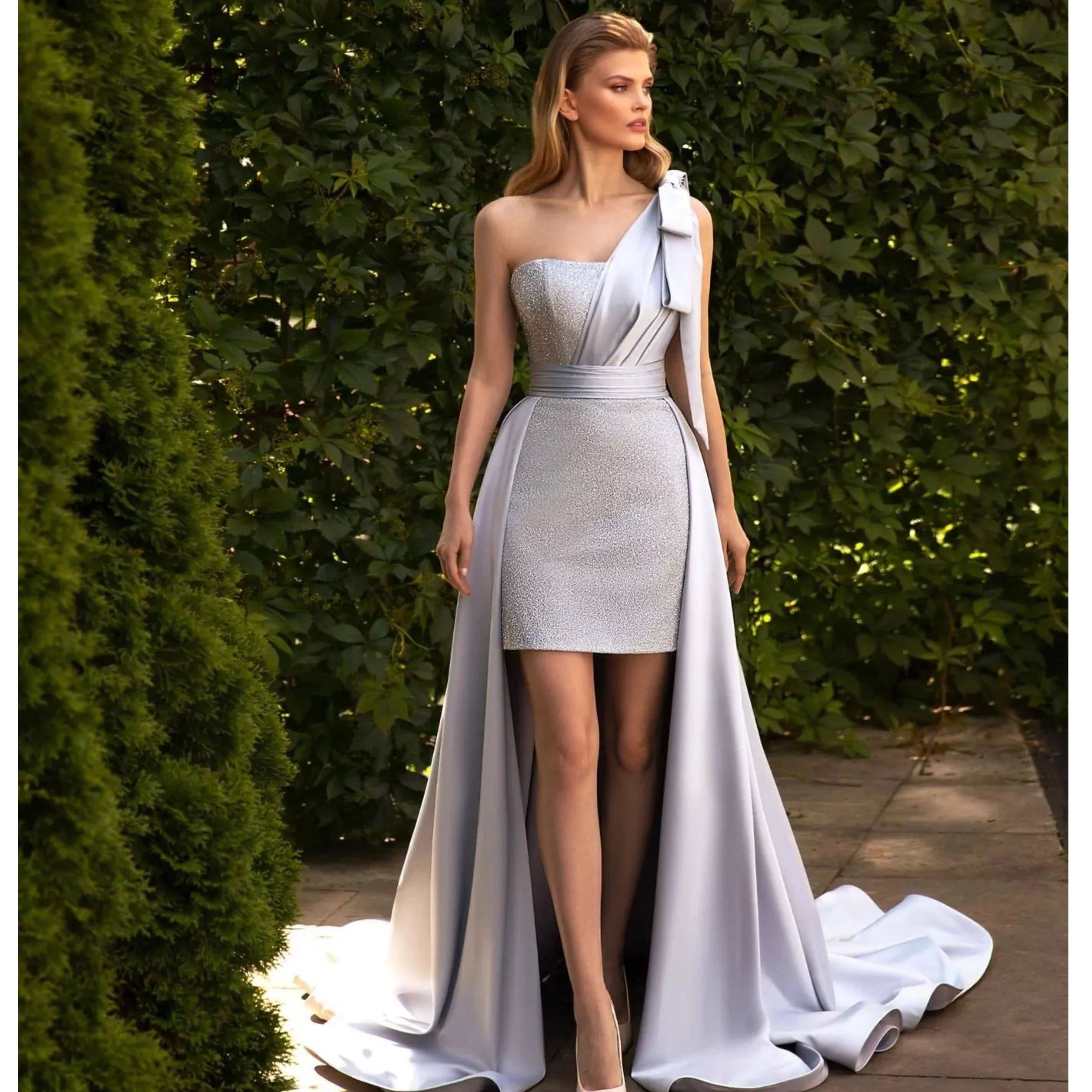 

Customized Sky Blue Evening Gowns Linda Elegant One Shoulder Vestido de Fiesta for Women Shiny High Low Prom Party Gowns
