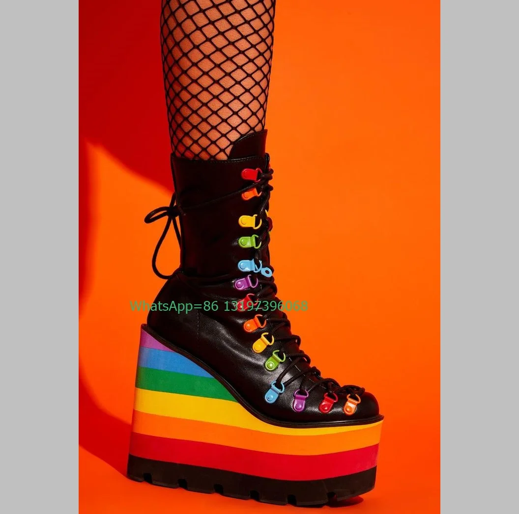 Lady Lace-Up Wedges Heel Rainbow Platform Punk Boots Gothic Style Footwear New Arrive Runway Boots Running Platform Boots Size