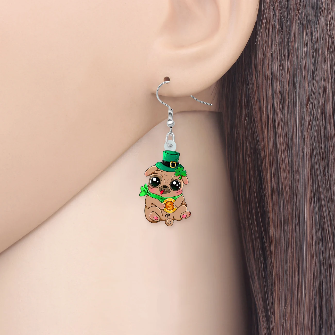 Bonsny Acrylic St Patricks Day Cute Hat Big Eyes Coins Pug Earrings Novelty Browns Dogs Dangle Drop For Girls Gifts Accessories