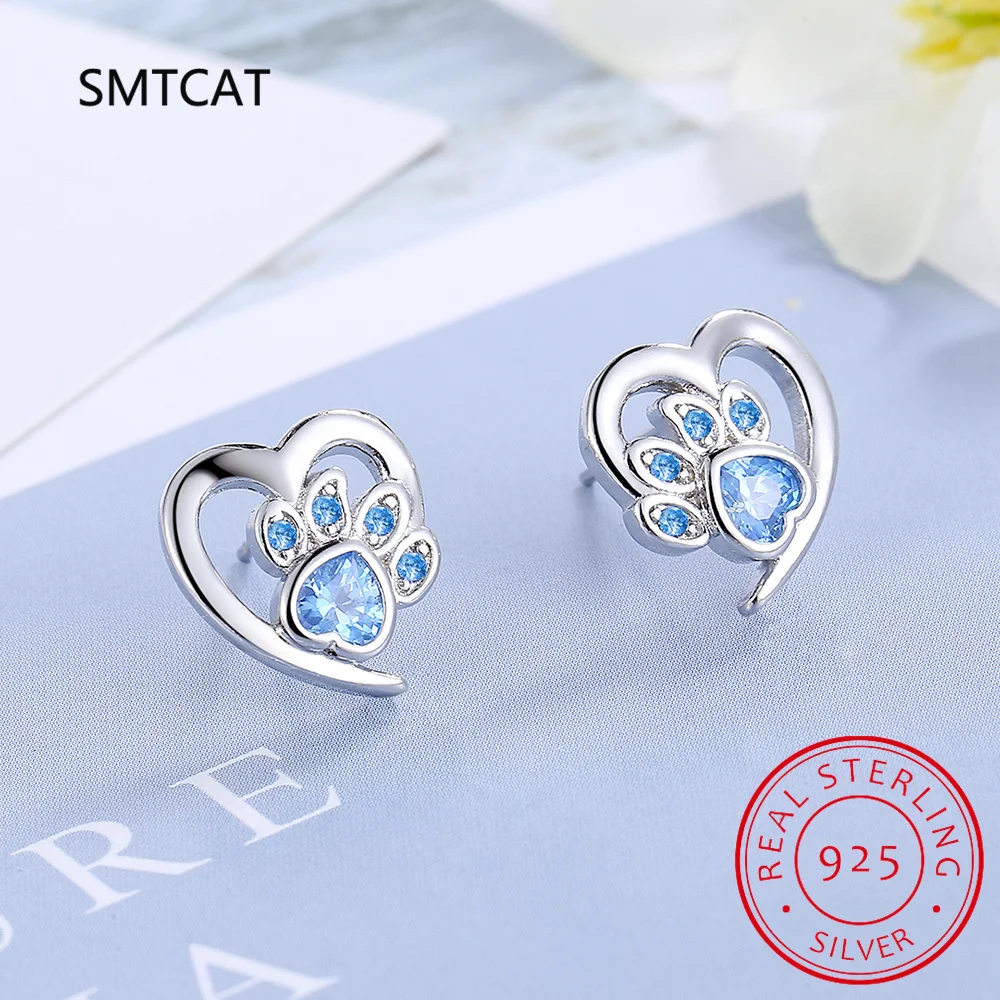 Dog Cat Paw Genuine Blue Topaz 925 Sterling Silver Heart Stud Earrings for Women Fashion Gemstone Jewelry Party Gift