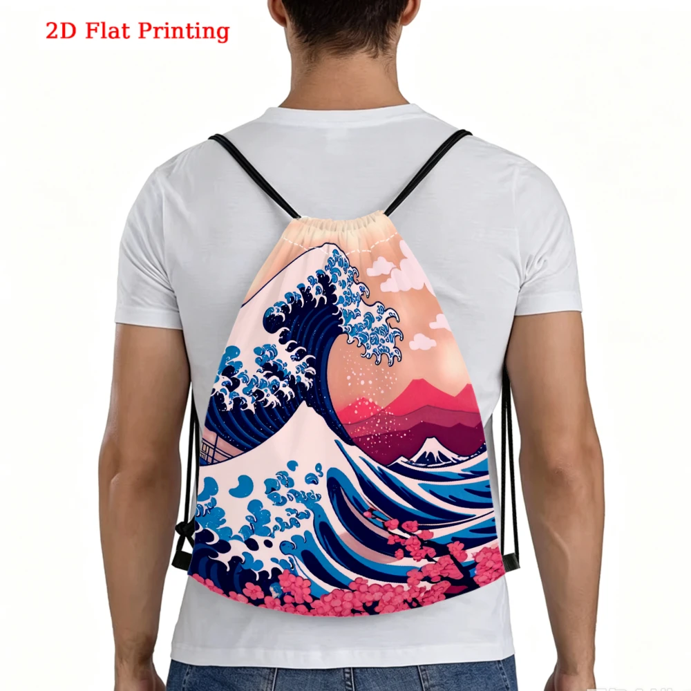 Japanese Style, Drawstring Backpack, The Great Wave Off Kanagawa Print, Fitness Sports Bag, Outdoor Travel Drawstring Bag