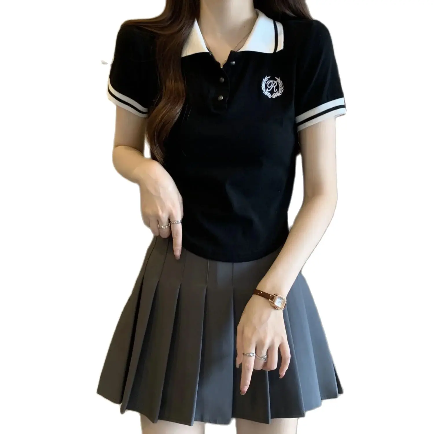 

골프티 Women Golf Wear 2024 Summer New Polo Golf Top Fashion Color Blocking Self Cultivation Top Golf Clothing Women Luxury T-shirt