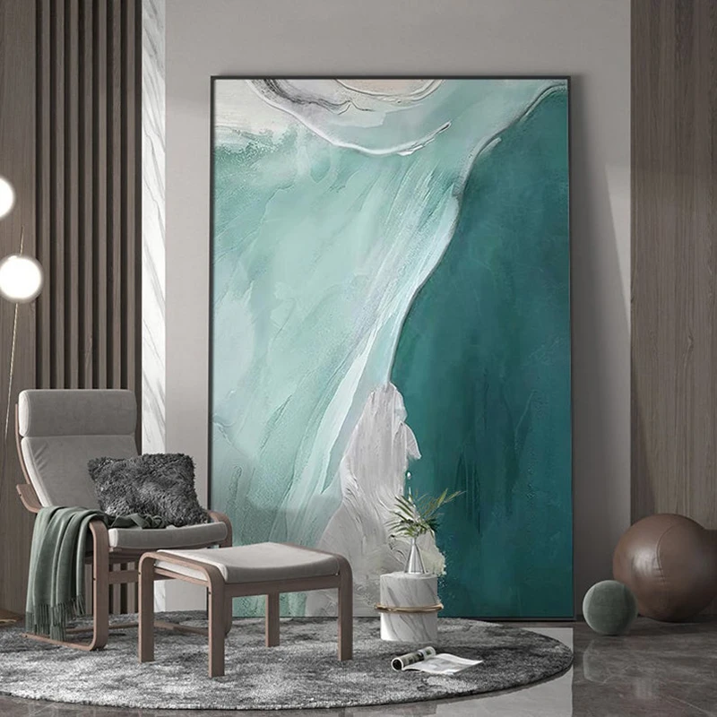 Handmade Abstract Oil Painting Cyan Green Flowing Water Simplicity Wall Art On Canvas Home Decor Restaurant Mural Unframed