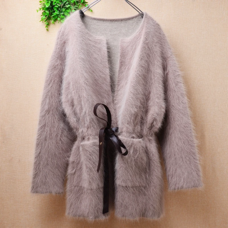 Female Women Autumn Winter Clothing Hairy Mink Cashmere Knitted Long Sleeves Belt Loose Cardigans Angora Fur Jacket Sweater Pull