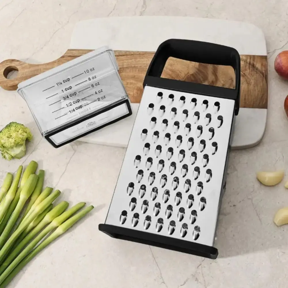 

Stainless Steel Cheese Graters Four Sided Non-Slip Handle Vegetable Slicer comfortable grip With Container Food Shredder