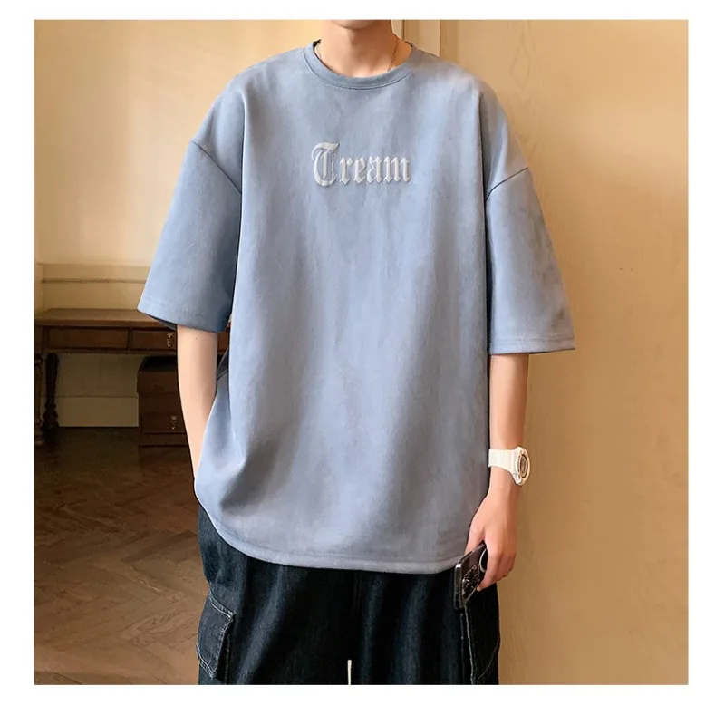 2024 Summer Suede Loose and Fashionable Trend Falling Shoulder Foam Printed T-shirt for Men