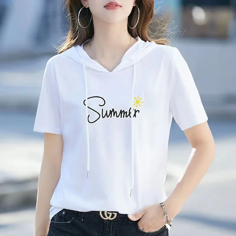 Cotton short sleeve T-shirt female 2023 han edition easy leisure ins summer wear new jacket hooded fleece