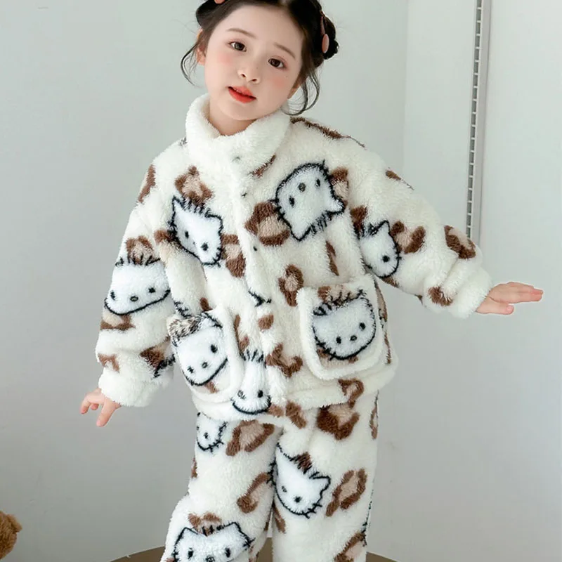 أنيمي مرحبا كيتي جديد الفانيلا ملابس المنزل لخريف شتاء لطيف ليوبارد طباعة سترة دعوى الطفل الدافئة الكرتون منامة دعوى