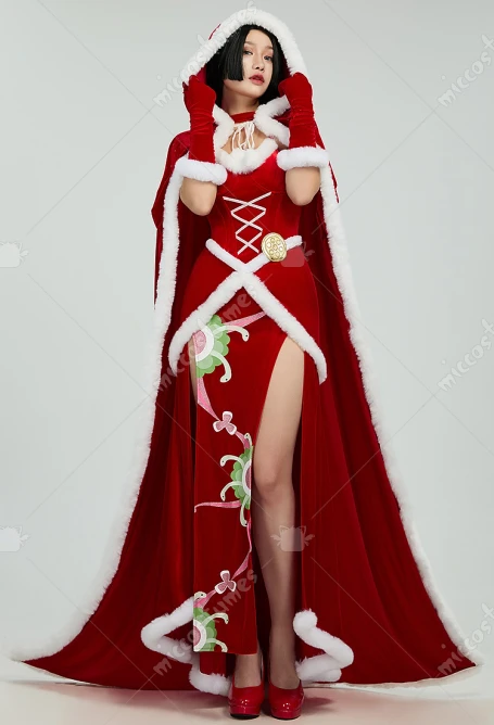 

Miccostumes Snake Princess Christmas Style Velvet Dress Set Sexy High Slit Dress with Cape and Gloves