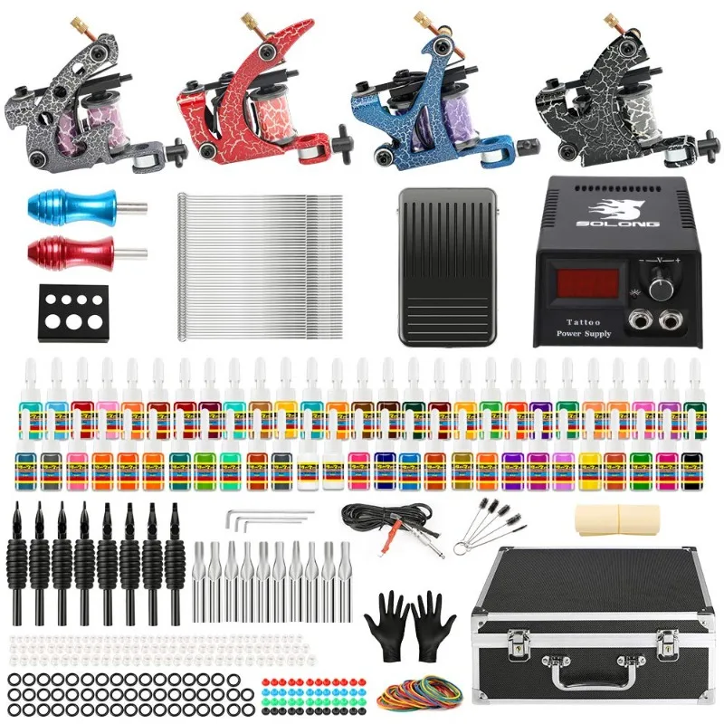 

Solong Complete Tattoo Kit 4 Pro Machine Guns 54 Inks Power Supply Foot Pedal Needles Grips Tips Carry Case TK456-US