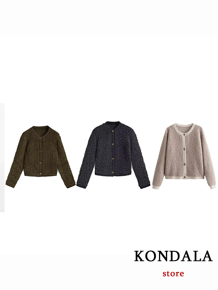 KONDALA Chic Solid Beige Casual Loose Long Sleeve Knit Women Sweater Fashion 2023 Autumn Button Plush Elegant Oversized Cardigan