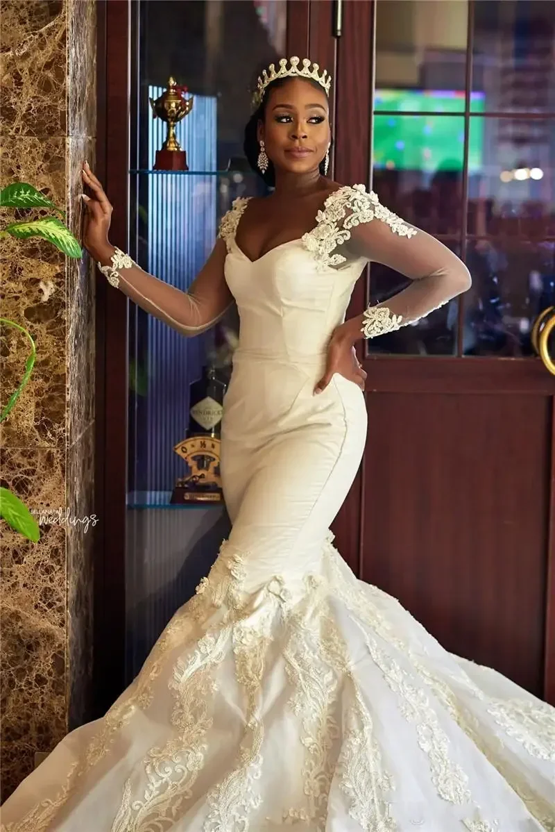 Customized African Sweetheart Mermaid Wedding Dresses Luxury Lace Long Sleeve Bridal Gowns