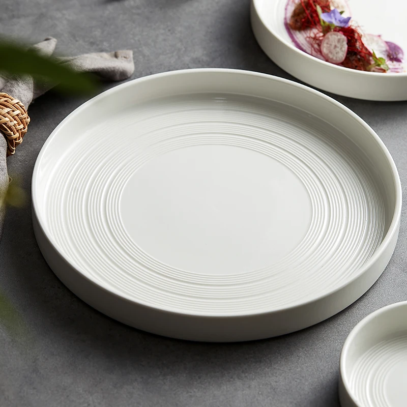 12 Inch Ceramic Dinner Plate White Striped Western Food Steak Plate Round Cooking Bowl Dessert Fruit Dishes Restaurant Tableware