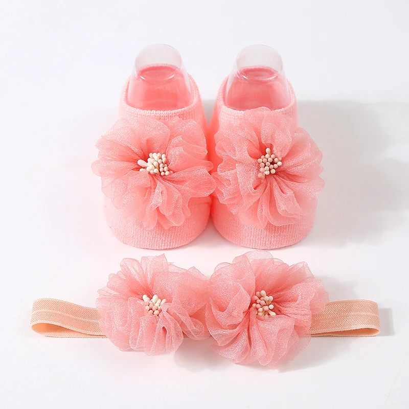 

2PCS/Set Mesh Gauze Flower Baby Headband Socks Cute Flower Princess Girl Soft Elastic Hairbands Headwear Kids Hair Accessories