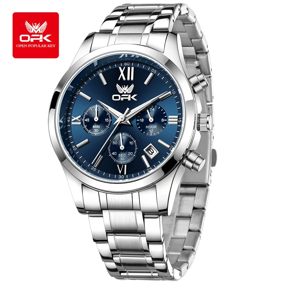 OPK 6052 Chronograph Men's Watches Waterproof Luminous Auto Date Steel Strap Original Quartz Wrist Watches For Man