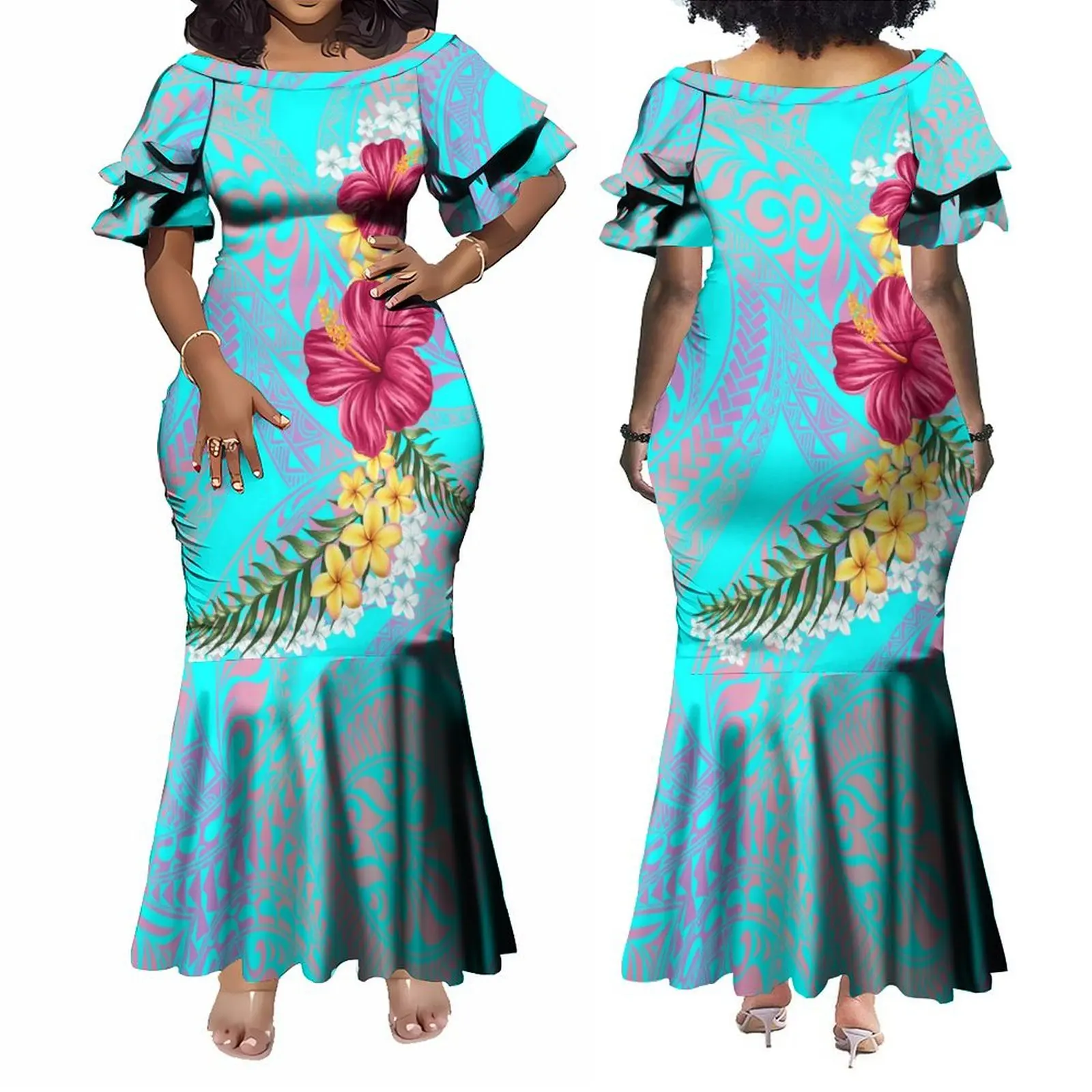 Support Custom Women'S Crew-Neck Dress Midi Party Fishtail Long Dress Polynesian Samoan Couple Suit Matching Men'S Aloha Shirt