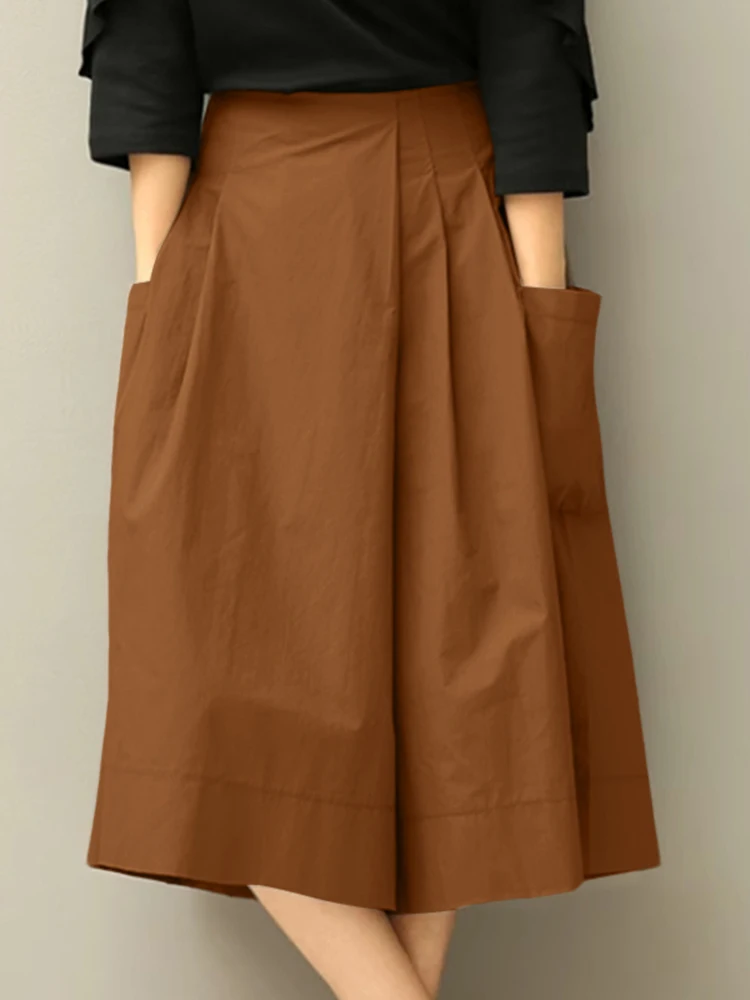 ZANZEA الصيف بنطال ذو قصة أرجل واسعة النساء 2025 السببية مطوي العجل طول السراويل جيوب فضفاضة الصلبة موضة مرونة الخصر بنطلونات #2