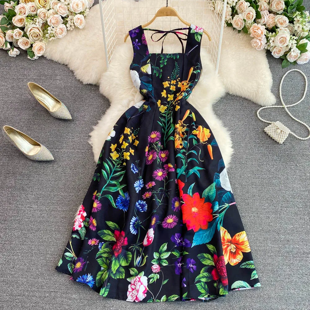 

Chic French Floral Print Dress Sleeveless Square Collar Mid Calf Rainbow jurk A Line Dresses Empire Bodycon Clothes