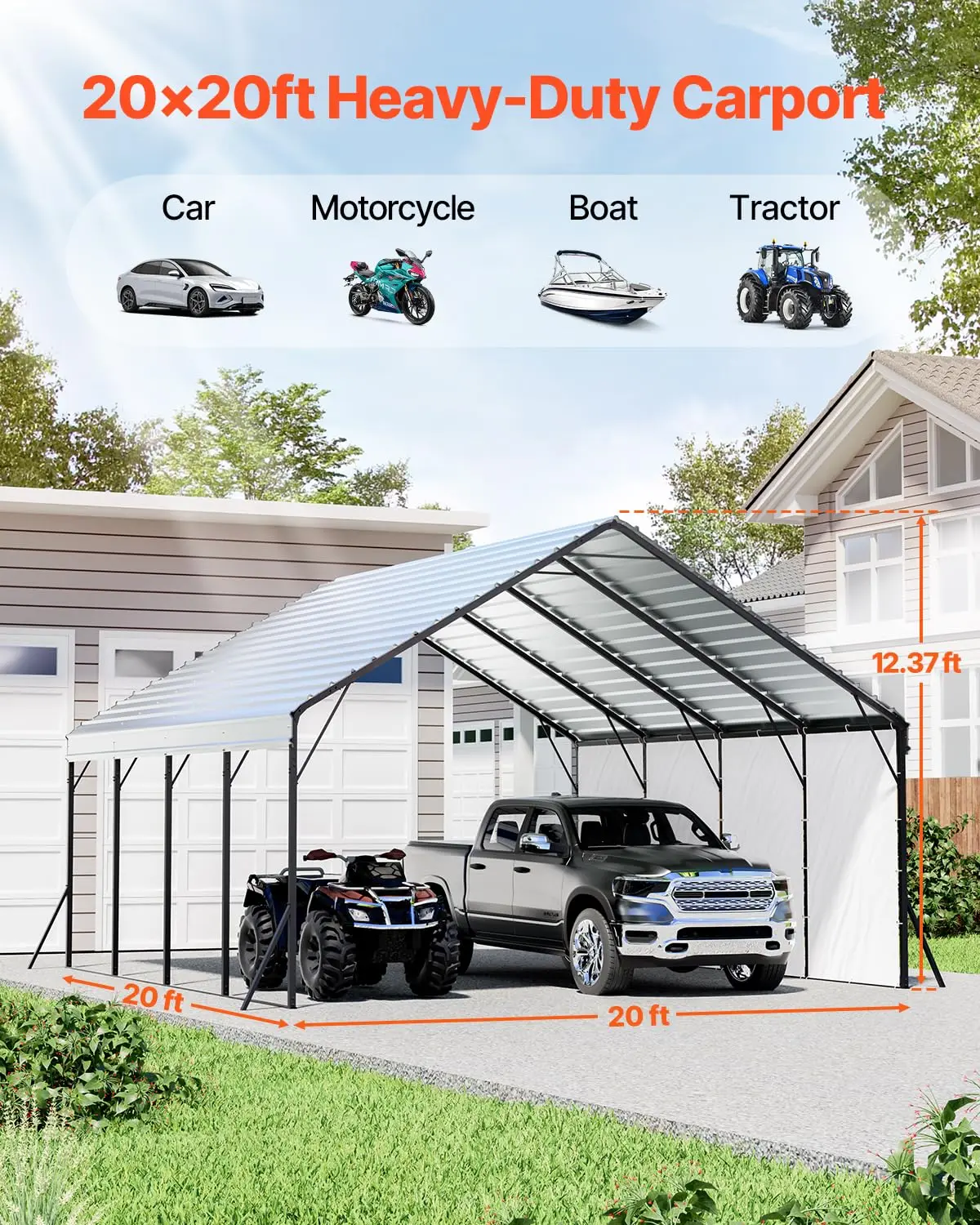Heavy Duty Metal Carport, 20 x 20 ft Outdoor Carport with Sturdy Frame & Roof, Car Garage Shade with Removable, Custom