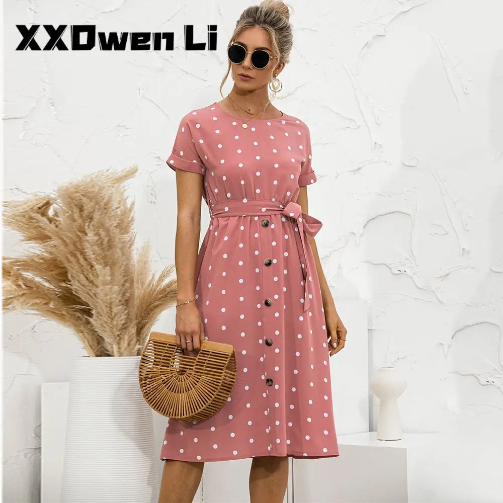 

Woman's Summer Polka Dot Midi Dress Female Short Sleeve O-neck Button Pink Long Dresses Casual Fashion Belt Office Lady Dres