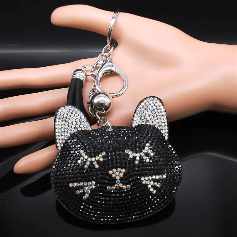 Black Crystal Cat Head Key Chain Women Men Alloy Rhinestone Cute Kitten Pet Keyring Car Bag Jewelry Gifts Accessories KXXXXS03 - view 5