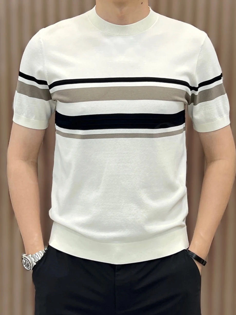 

Мужская футболка премиум-класса в полоску с коротким рукавом, вязаная, повседневная, летняя, модная, городской стиль, из ледяного шелка, стандартный крой, для молодежи