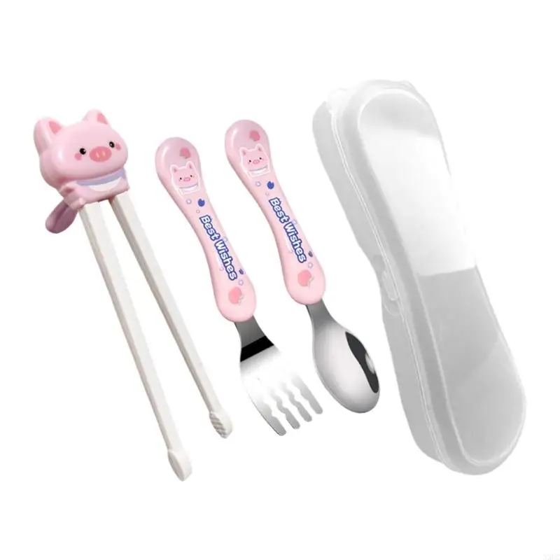 Animal Themed Childrens Learning Chopsticks Along With Spoon Fork Protective Case Great Gift For Kids X3UC