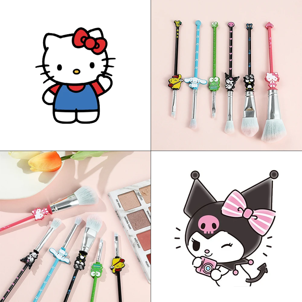 Hello Kitty Makeup Brushes for Kids, Sanrio, BADBADTZ, MARU, Cinnamoroll, Kuromi, Kawaii, Makeup Brush, 6Pcs