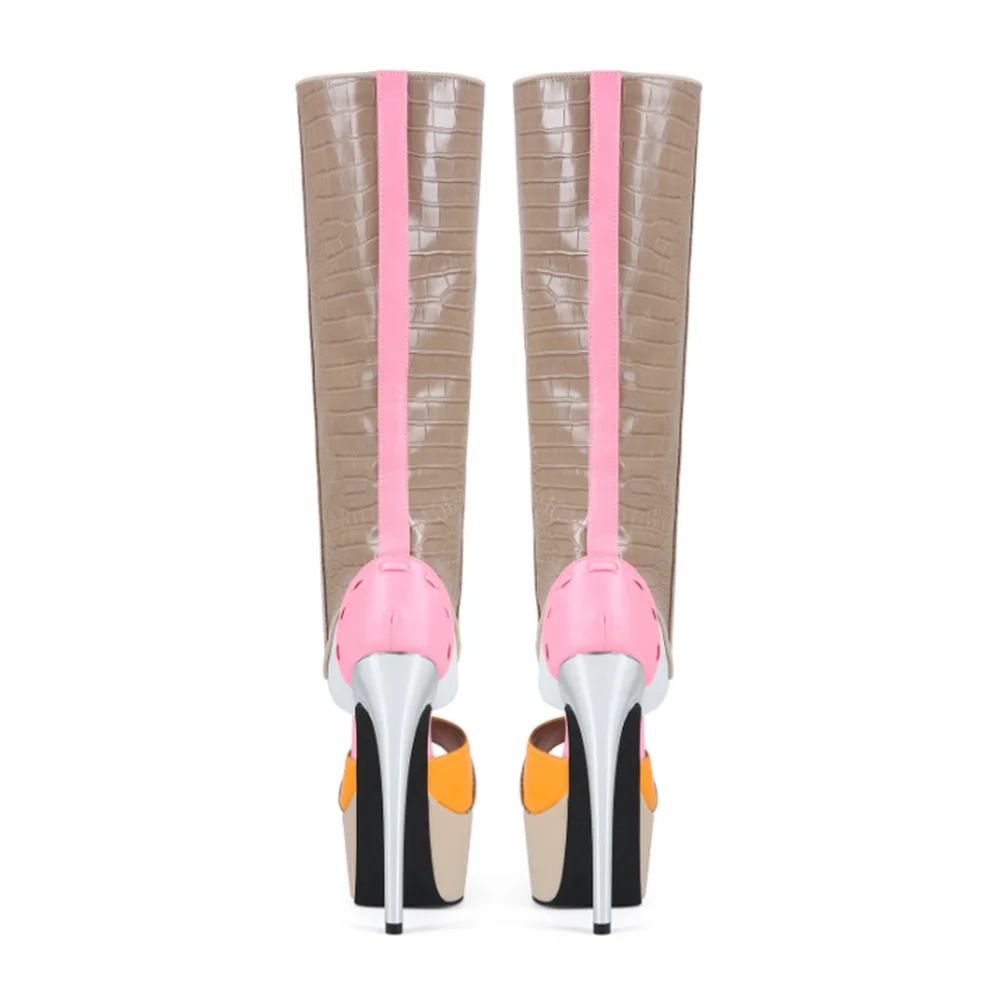 Rose kaki Patchwork Peep Toe bottes coupe avant nouveau Style talon pointu genou chaussures hautes pour femmes talons hauts Zapatos Para Mujere