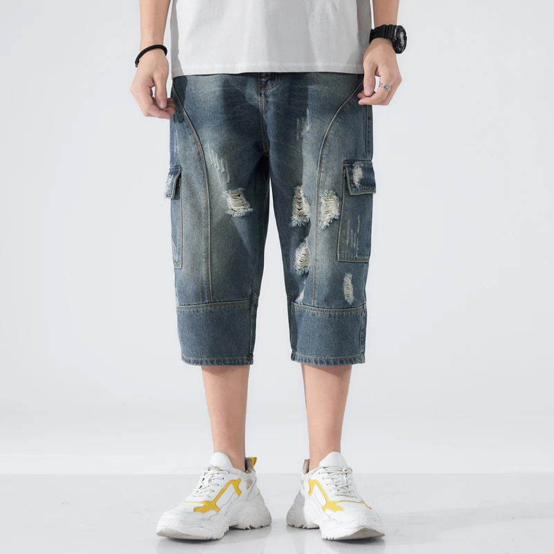 

Plus Size 42 40 Summer Ripped Denim Cropped Pants for Men Loose-fit Versatile Wide-leg Plus-size Korean Trendy Jeans for Men