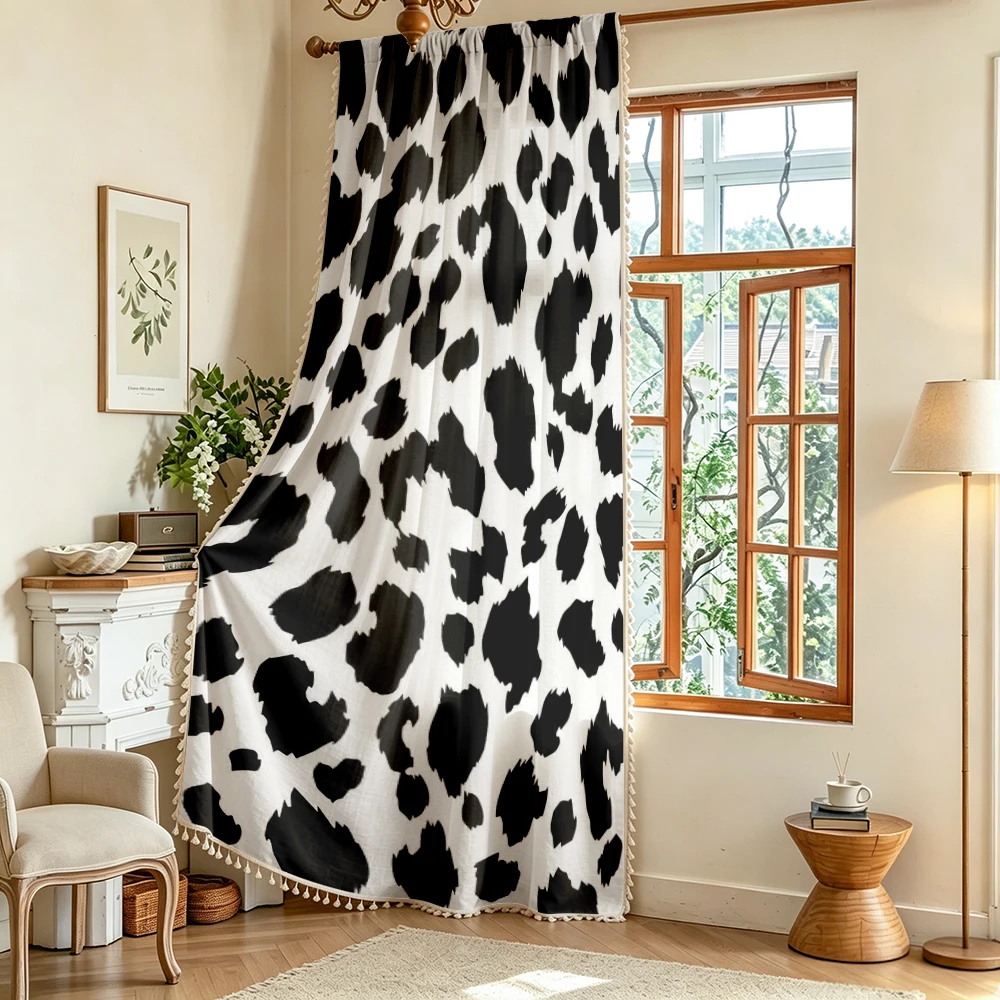 1PC Animal Tassel Sheer Curtains, Cow Print Spots, Digital Print, Linen Polyester, Bedroom Living Room Kitchen, Home Decor