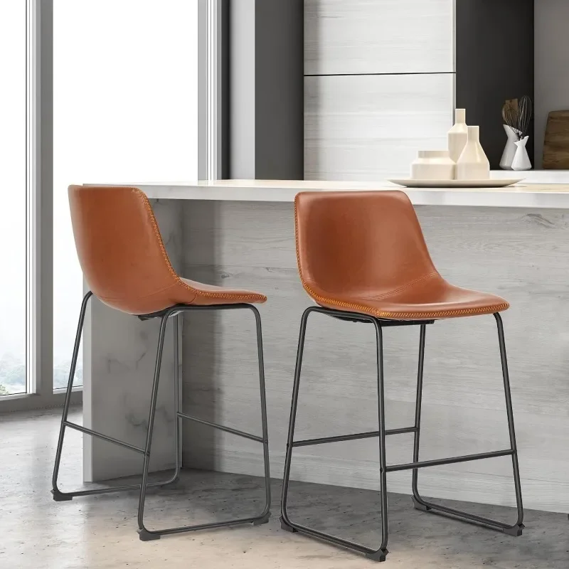 Counter Altura Bar Stools Set, Falso Couro, Barstools altos com Costas e Perna de Metal, Modern Bar Chairs, 2 PCs