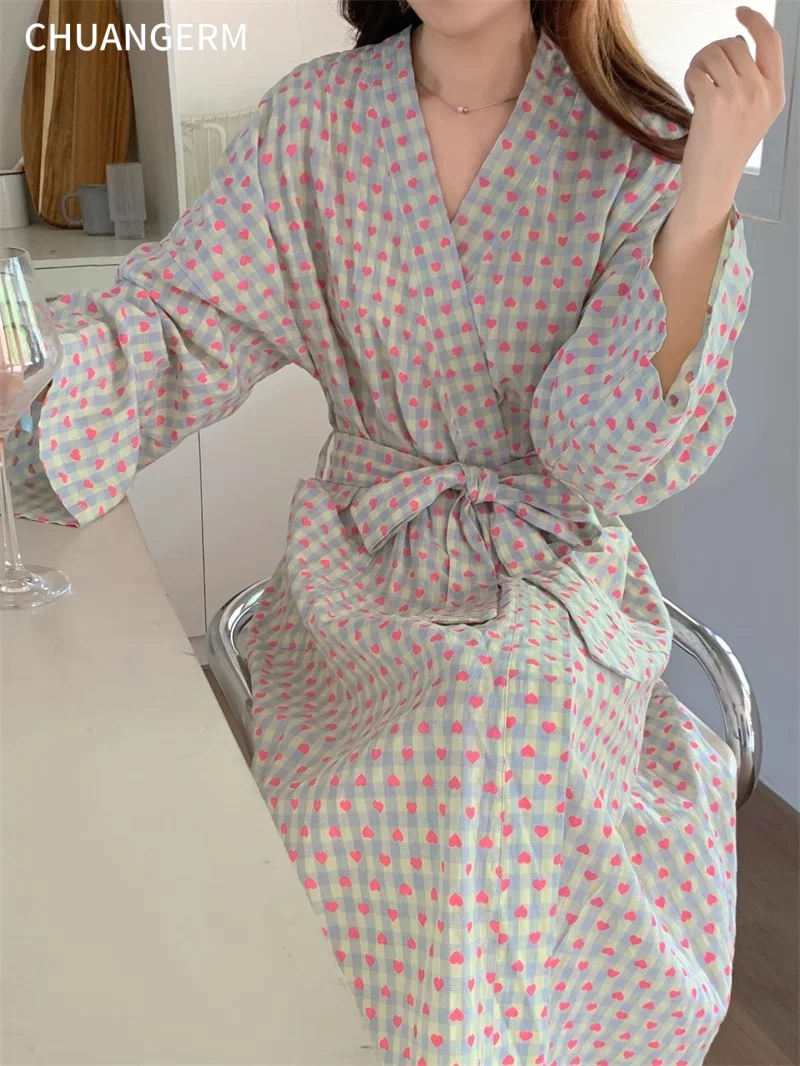 CHUANGERM Women Sweet Loose V‑Neck Plaid Long Sleeve Lace Up Medium‑Long Robe Comfortable Sexy Home Wear Loungewear