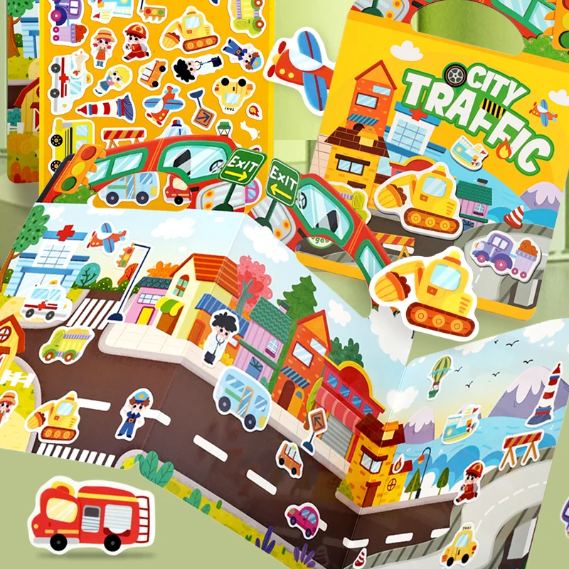 8-Pack Portable Sticker Books, Reusable Scene Sticker Books, Dinosaur, Transportation, and Animal Themes, Children's Educational Activity Books, Baby Travel and Play Toys