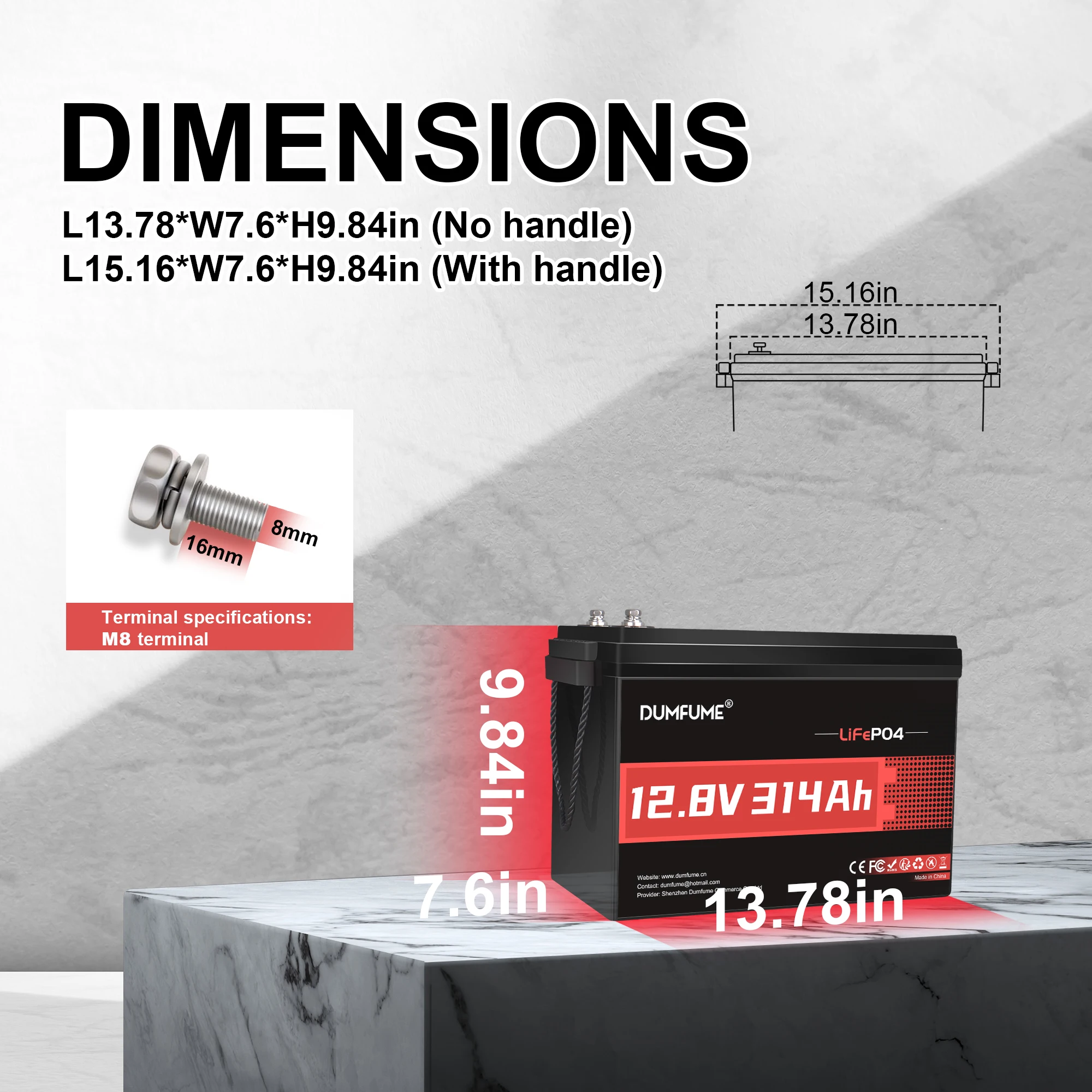 

Dumfume LiFePO4 Battery Capacity 12V 314Ah with 200A BMS 4019Wh Energy Motorcycle Lithium Battery For Backup Power Supply RV