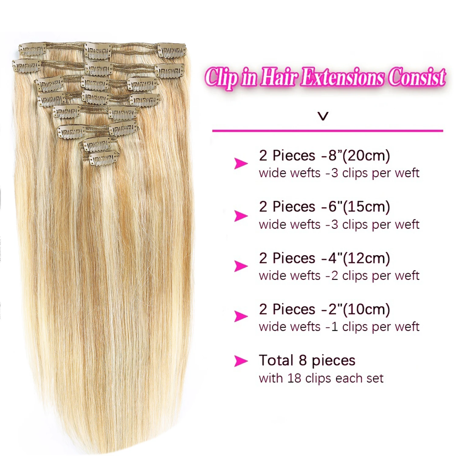 Straight Clip in Hair Extensions Human Hair Double Weft Full Head Hair Extensions 8pcs 18 Clips Hair 16