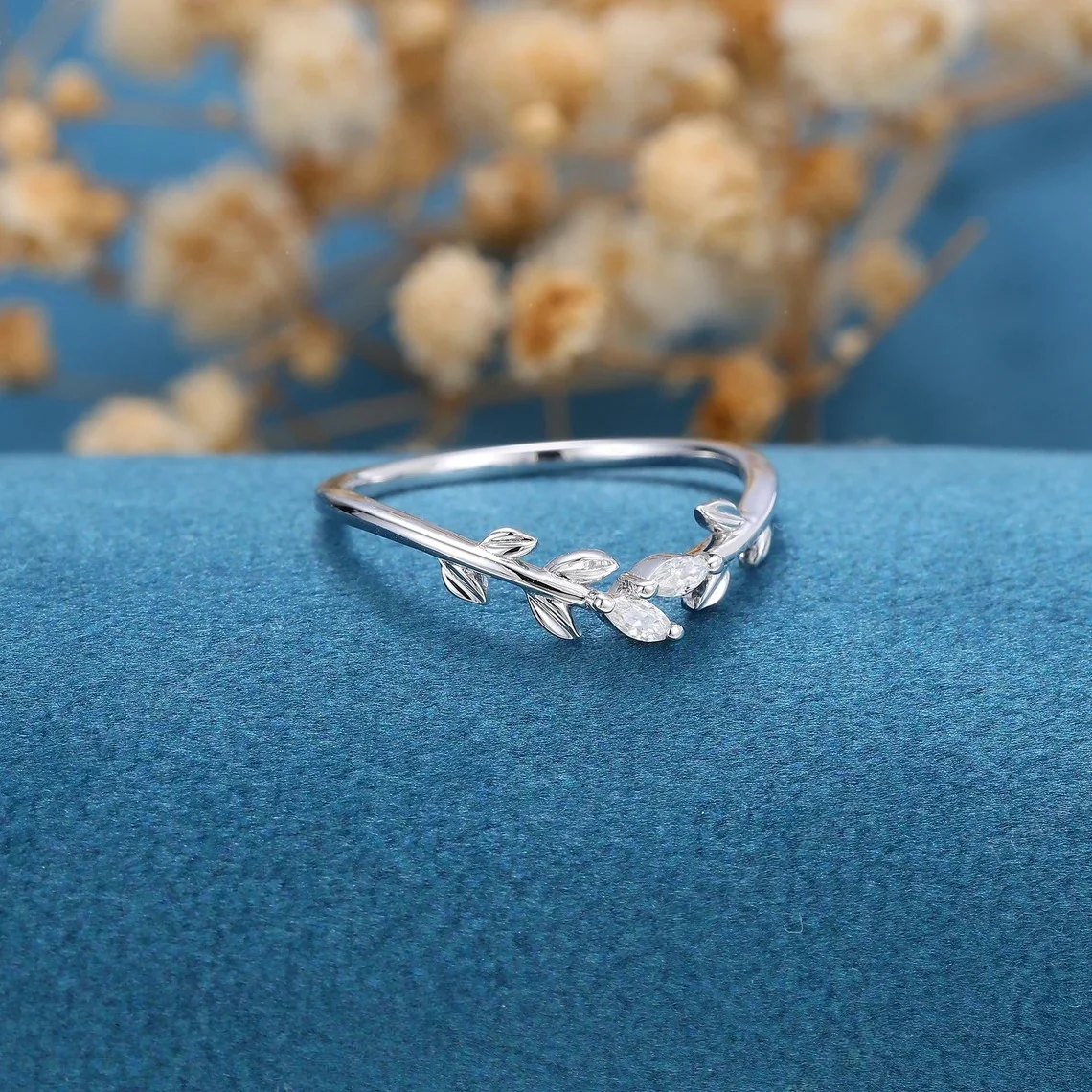 Marquise Cut Natural Zircon Wedding Band 925 Sterling Silver Unique Leaf Branch for Women Stacking Ring Gold Plated Jewelry