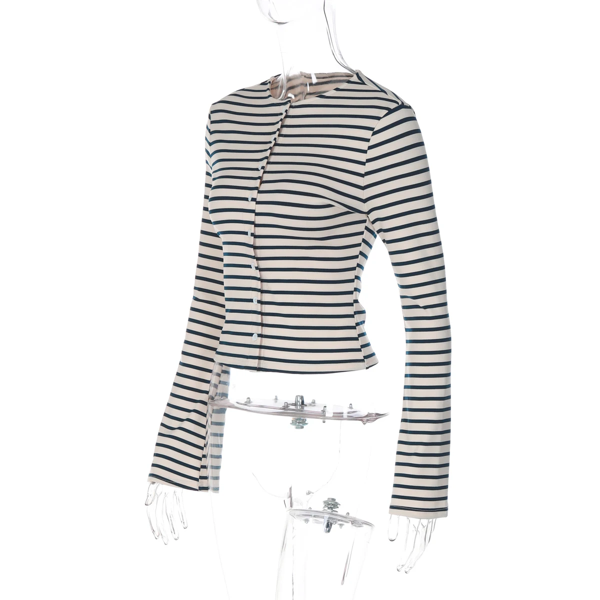 Hugcitar 2026 Gestreiftes Langarm-T-Shirt mit Knöpfen, Sexy Schlankes Crop-Top, Herbst Damenmode-Outfits, Streetwear, Party, Urlaub – Detail 3