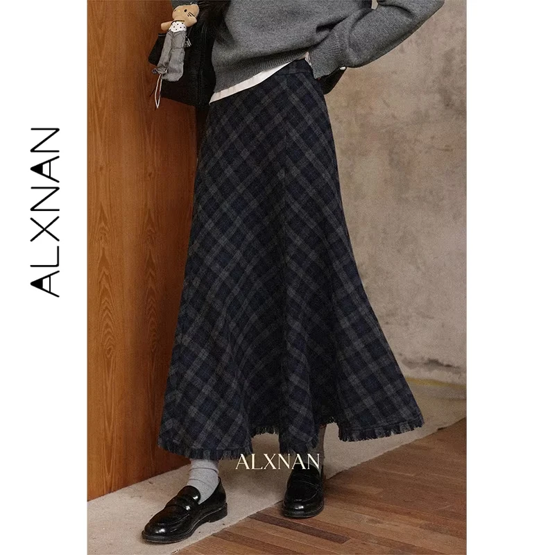ALXNAN Gonna scozzese grigia a vita alta Gonna lunga a coda di pesce a quadretti a trapezio Autunno Casual Office Lady Elegante gonne con nappe L57318