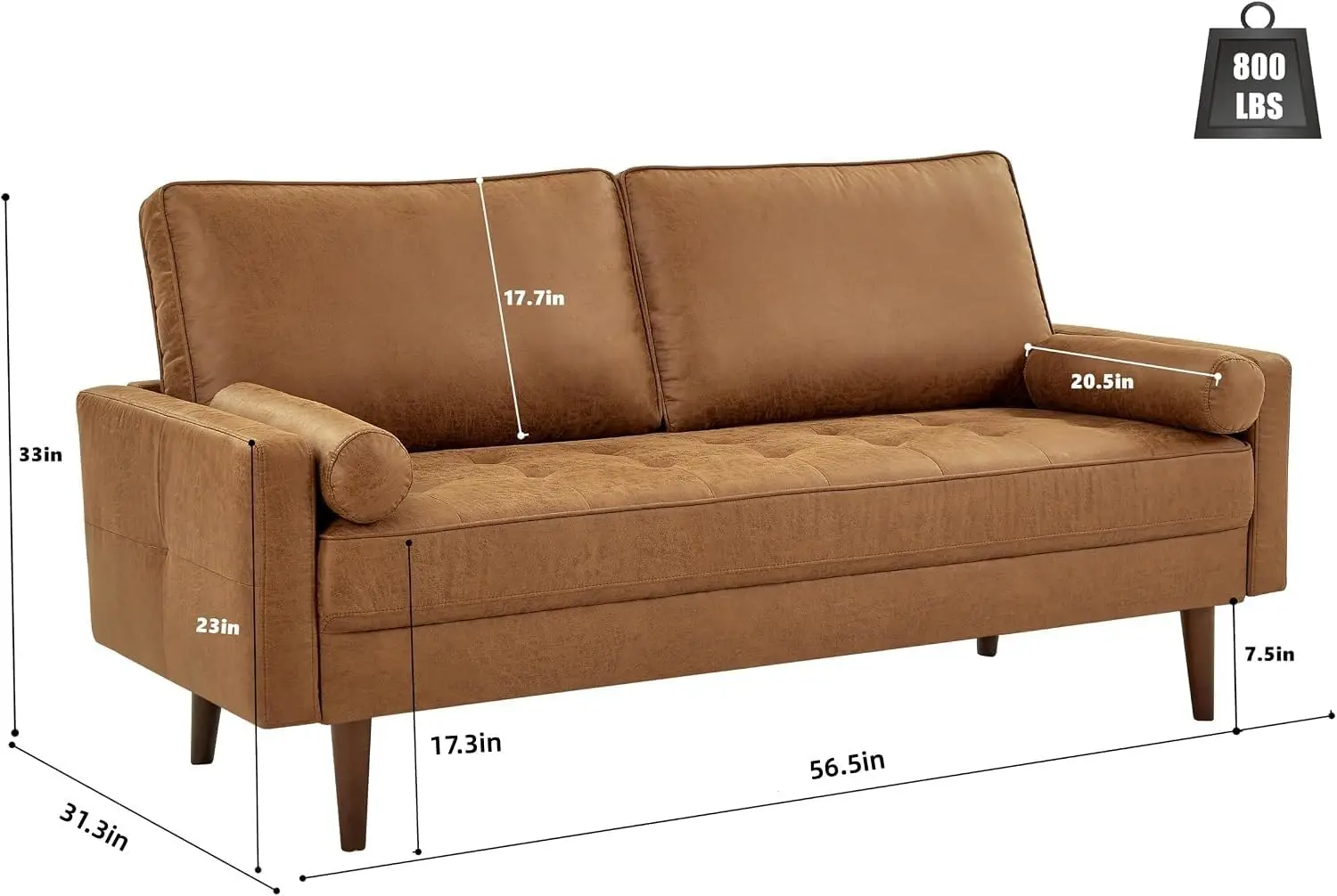 Brown Faux Leather Mid-Century Modern Loveseat Sofa Couch, 57-Inch