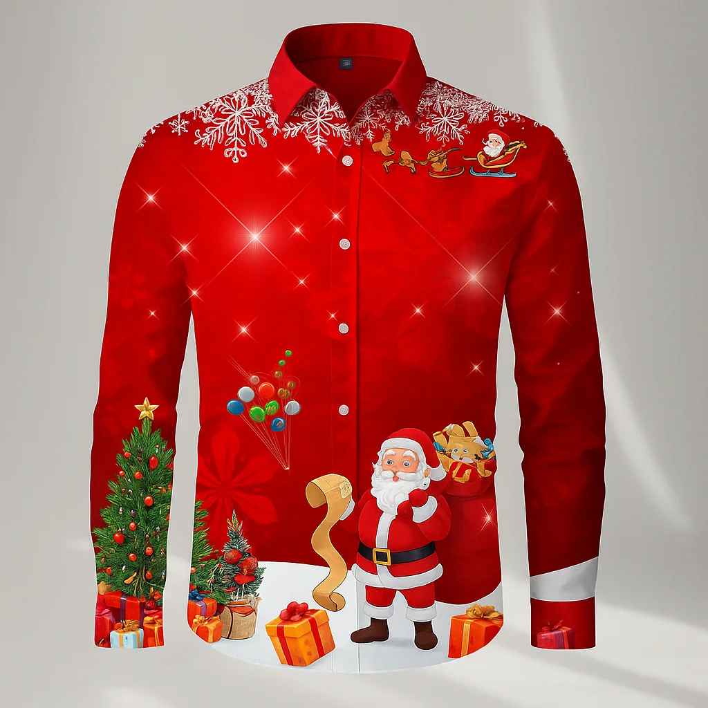 2025 Christmas Men's Snowman Snowflake Christmas Theme Shirt Button Up Shirt Long Sleeve Funny Outdoor Holiday Fall Turndown