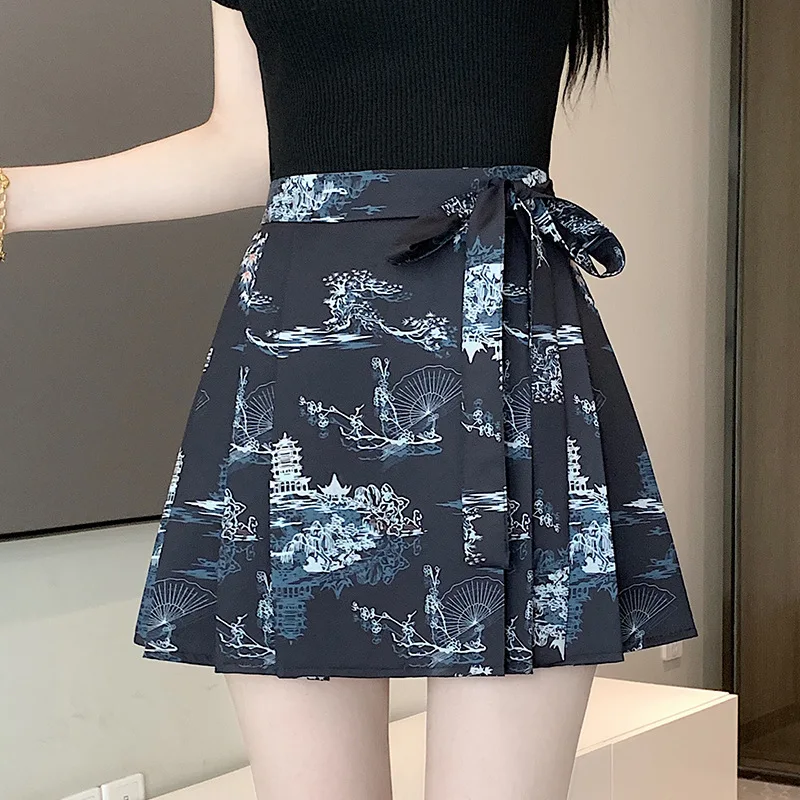 Summer New Chinese Style Improved Version Of Short Horse Face Skirt For Women With Black Embroidery Small Stature Pleated Short