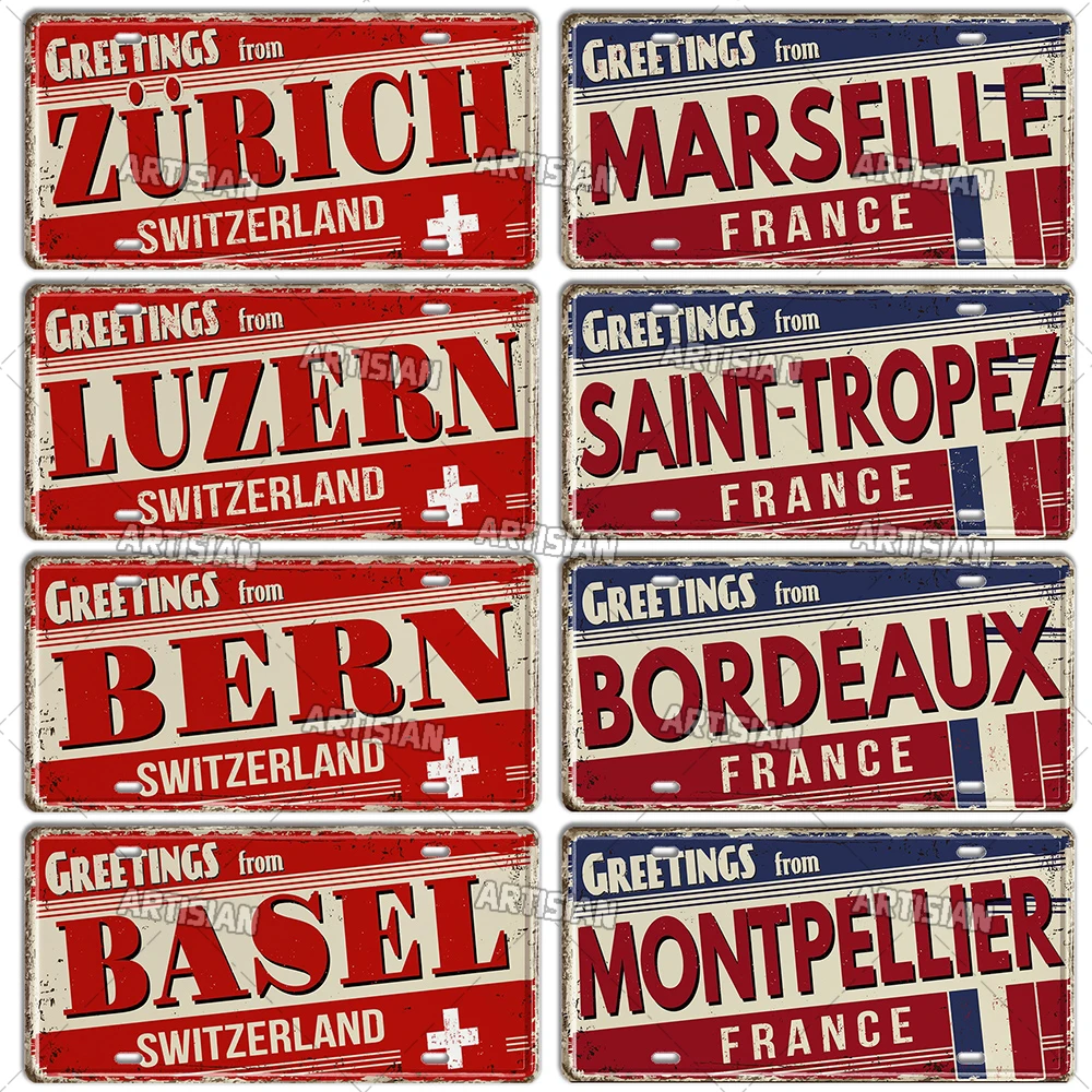 Artisian FRANCE License Plate SWITZERLAND Metal Sign Landmark City State Decorative Plaque Wall Decor Garage Bar Pub Club Hotel