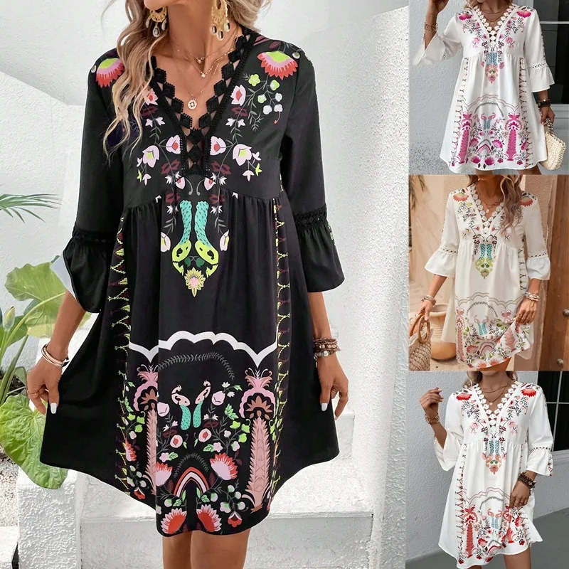 Vintage Print Seven-quarter Sleeve Dresses Women Elegant Lace Decoration V Neck Pullover Dress Summer Casual Female Gown 2024