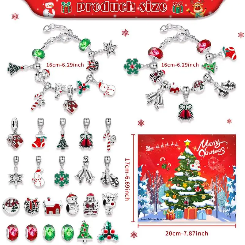 2024 Christmas Advent Calendar Bracelet 24 Day Countdown Calendar Alloy Bracelet Jewelry Making Kits Kids Girls Christmas Gifts