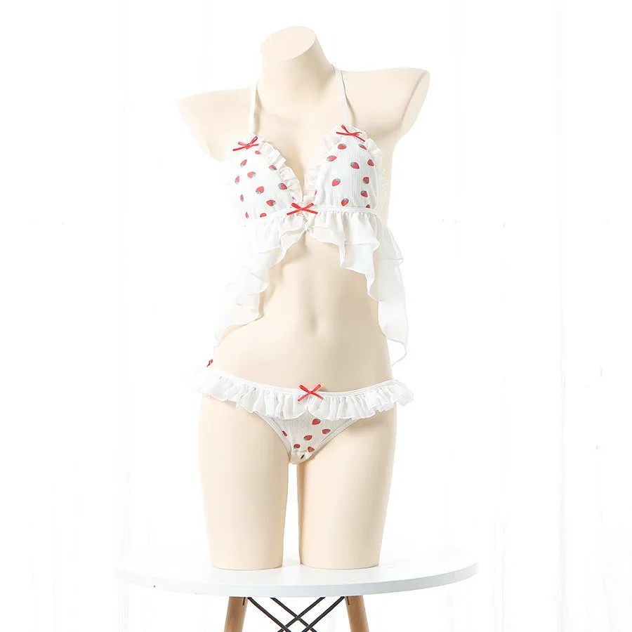 Summer Sweet Girl Strawberry Chiffon Ruffle Lingerie Set Anime Cosplay Bikini Swimstuit Lolita Pajamas Sleepwear Outfits Costume