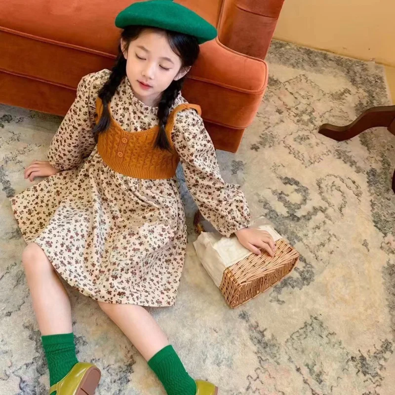 

Girls Suit2025Spring and Autumn New Style Baby Girl Floral Dress Knitted Vest Two-Piece Set Wholesale