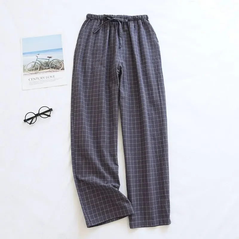 Male Long Pants Cotton  Spring and Autumn Summertime Thin Japanese Series Plaid Loose Large Size Washable Cotton Pajama Pants