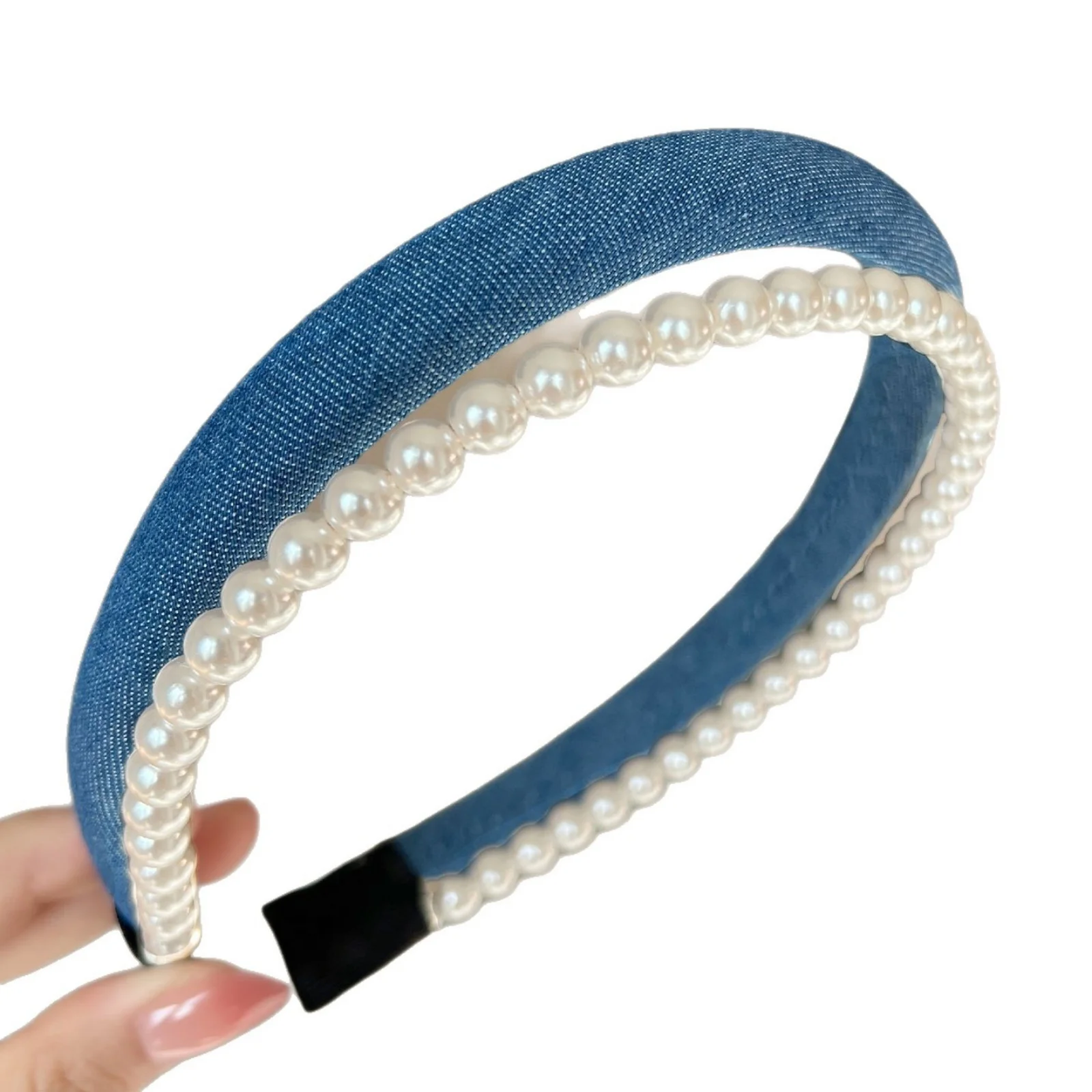 1-teiliges Retro-Denim-Doppelschicht-Perlen-Stirnband für Damen im neuen Stil, luxuriös, stilvoll, schick, geeignet für Hochsteckfrisuren, ideal für Herbstwinte – Detail 1